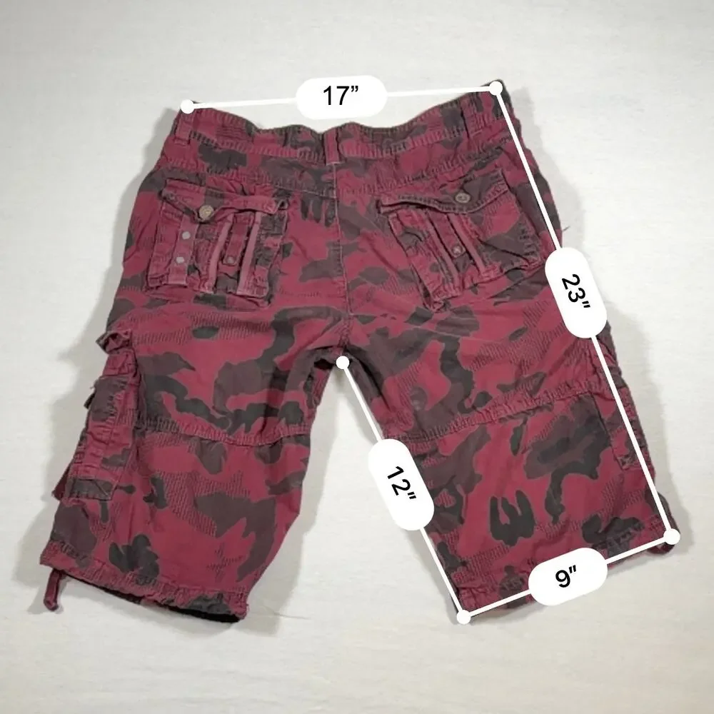 Y2K Twoce Twice Burgundy Black Camo Cargo Shorts 34 Baggy Buckle Skater Jorts